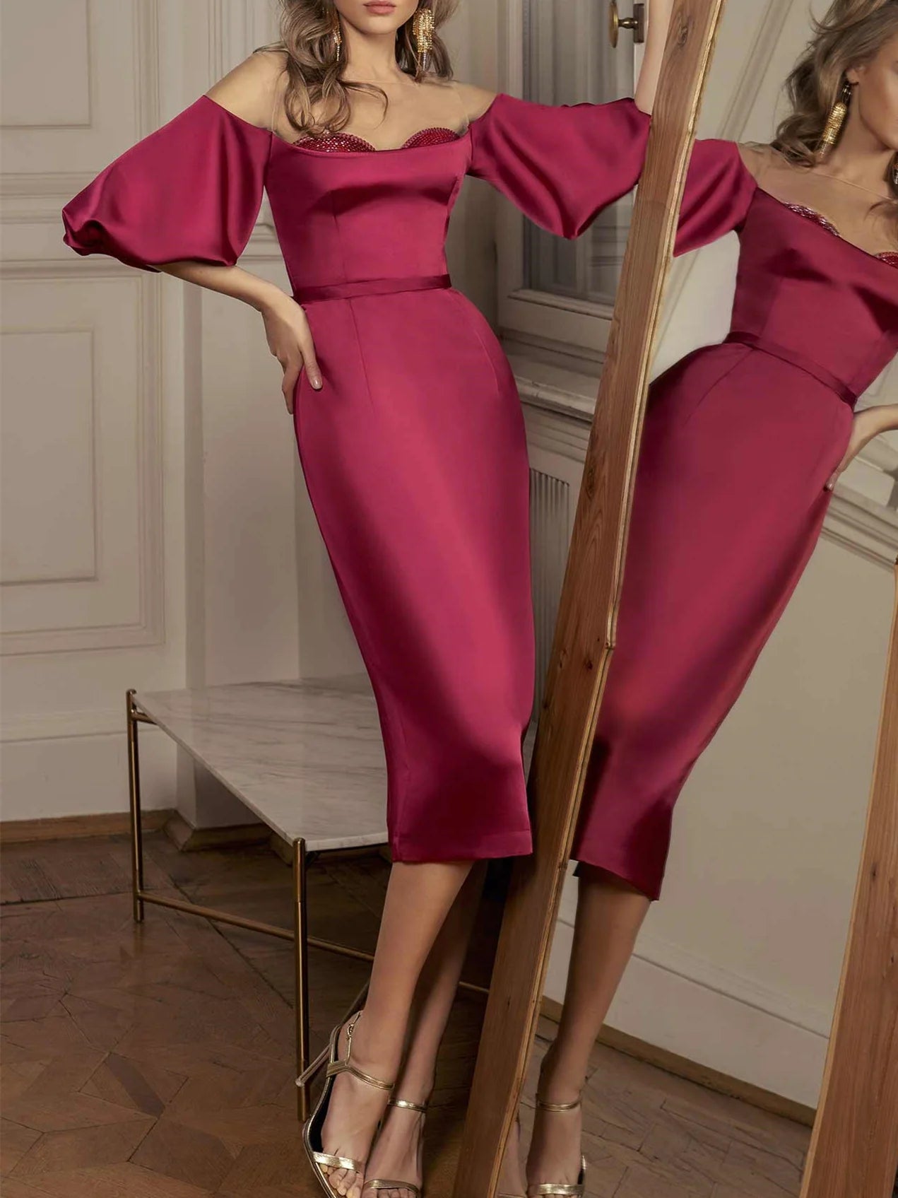 Sheath/Column Straight Neckline Half Sleeves Knee-Length Evening Dresses